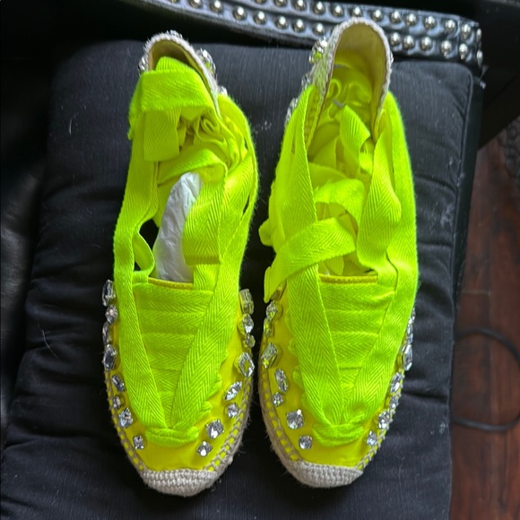Loewe Shoes - Loewe Yellow Crystal Bejeweled Lace -up RibbonEspadrilles.Lux Uness Group.Neon .
